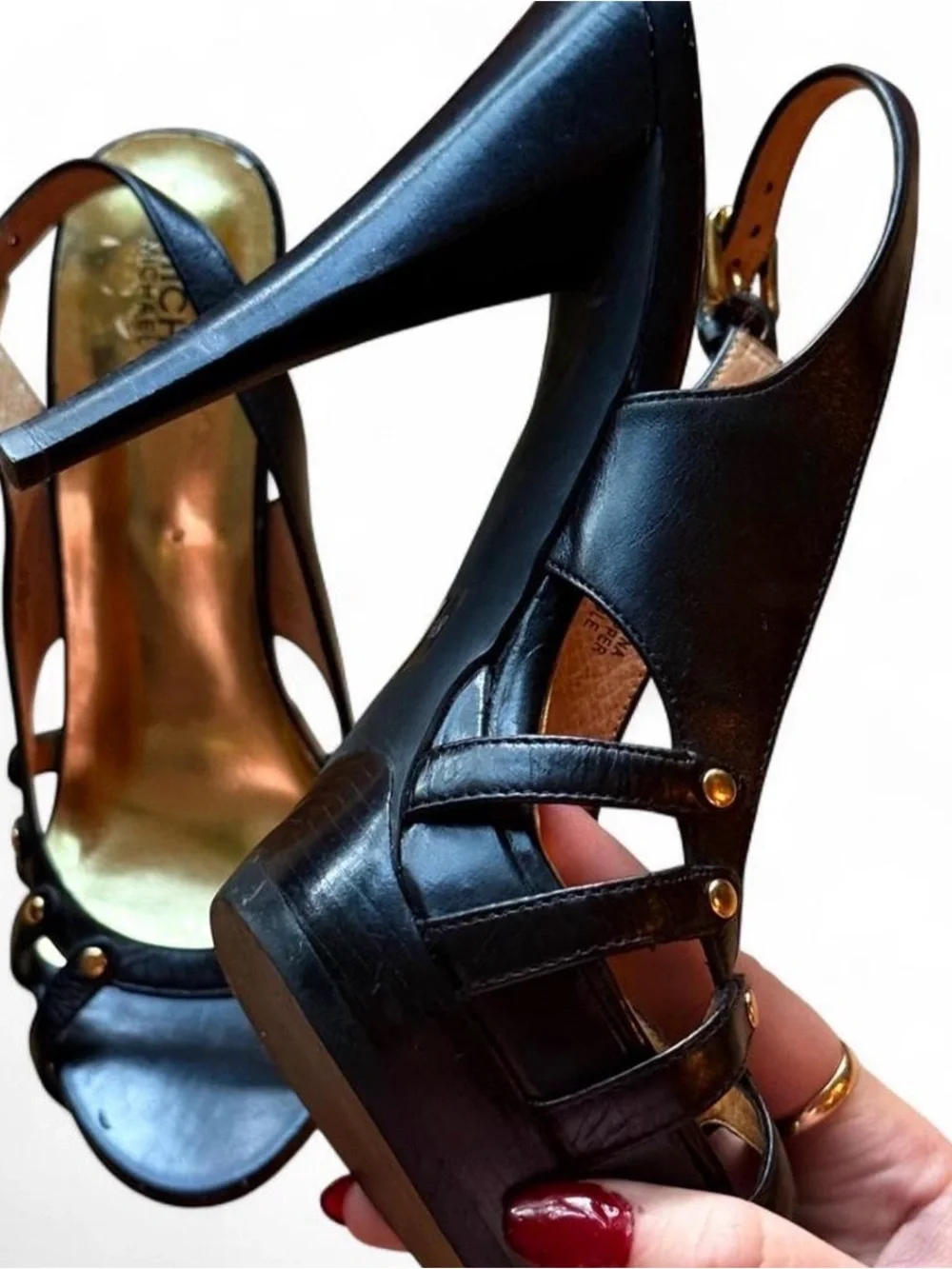 Michael Kors Black Leather Platform Slingback Heels Gold Studs Size 8.5
